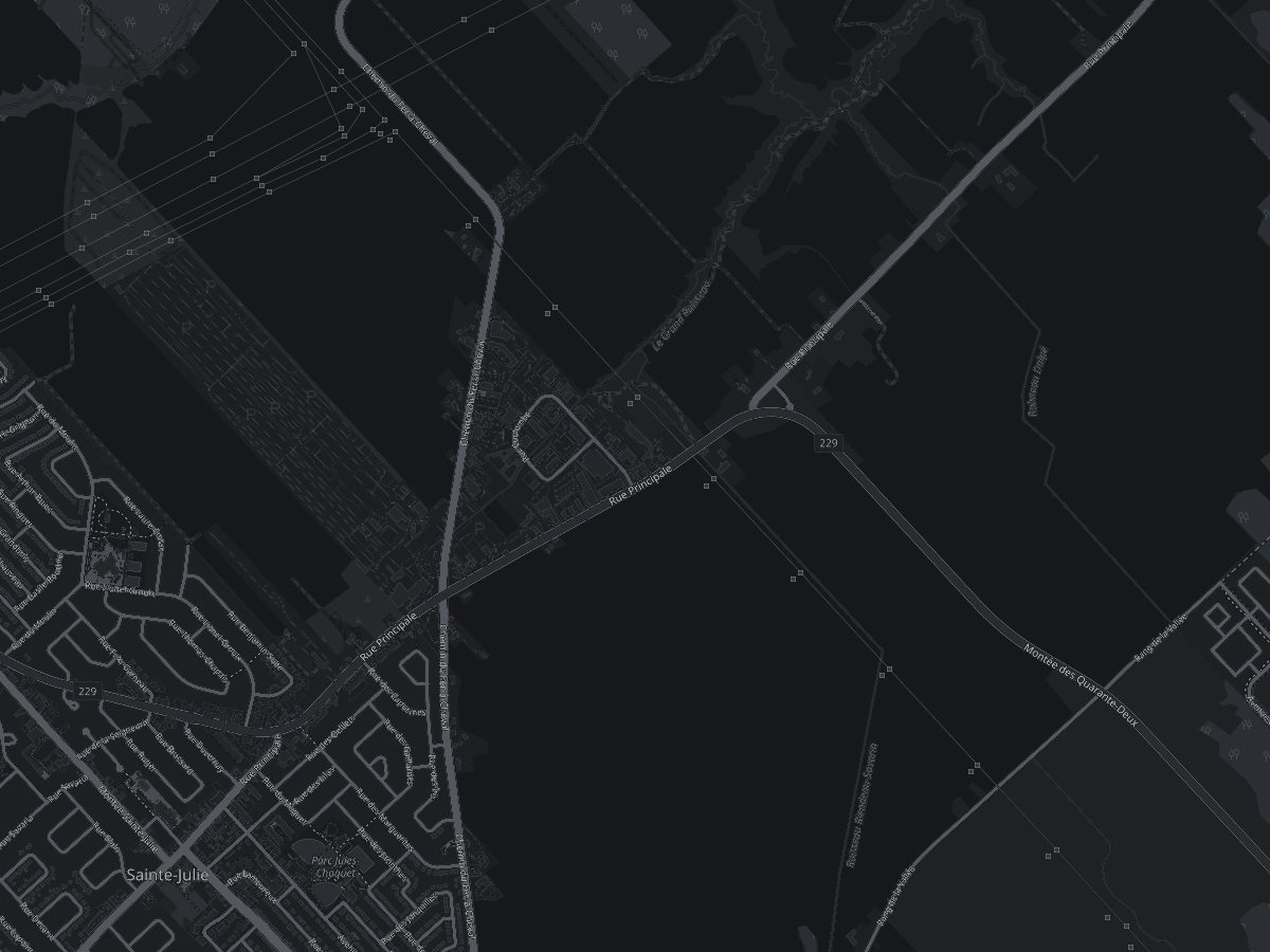 Plan de Sainte-Julie centré sur 1081, rue Principale, local D, Sainte-Julie, QC J3E 0C3. Le point orange marque l’adresse, juste au nord de la rue Principale.